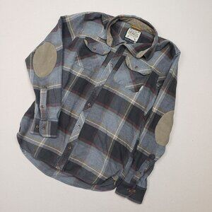 Dravus Men's Plaid Flannel Shirt Black/Tan/Red Soft Button Up Elbow Patch Sz M